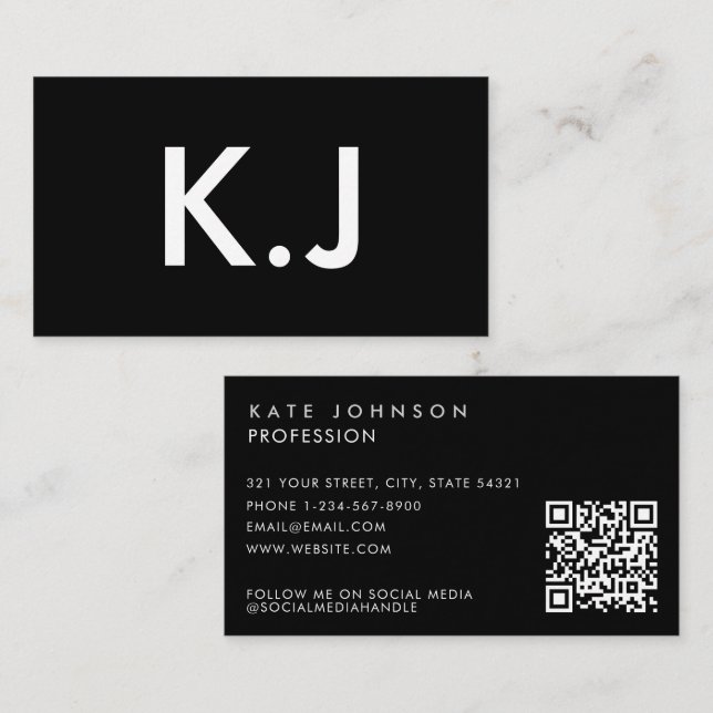 Tarjeta De Visita Modern Black White Minimalist QR Code Monogram (Anverso / Reverso)