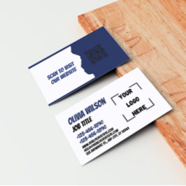 Tarjeta De Visita Modern Blue Custom Logo and QR Code Rectangle