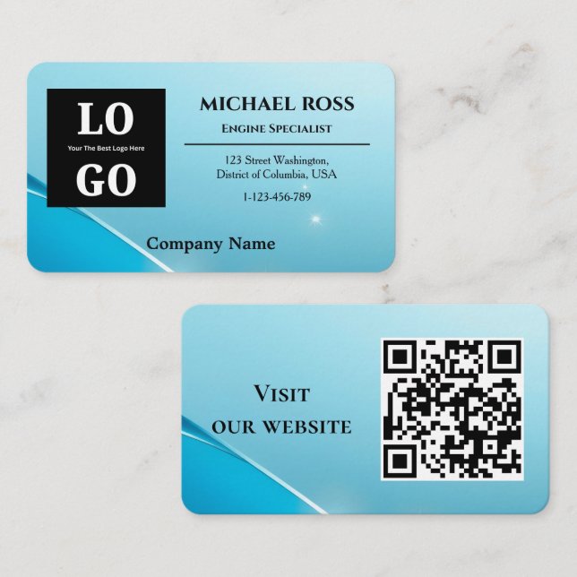 Tarjeta De Visita Modern Blue Pearlescent Custom Logo and QR Code  (Anverso / Reverso)