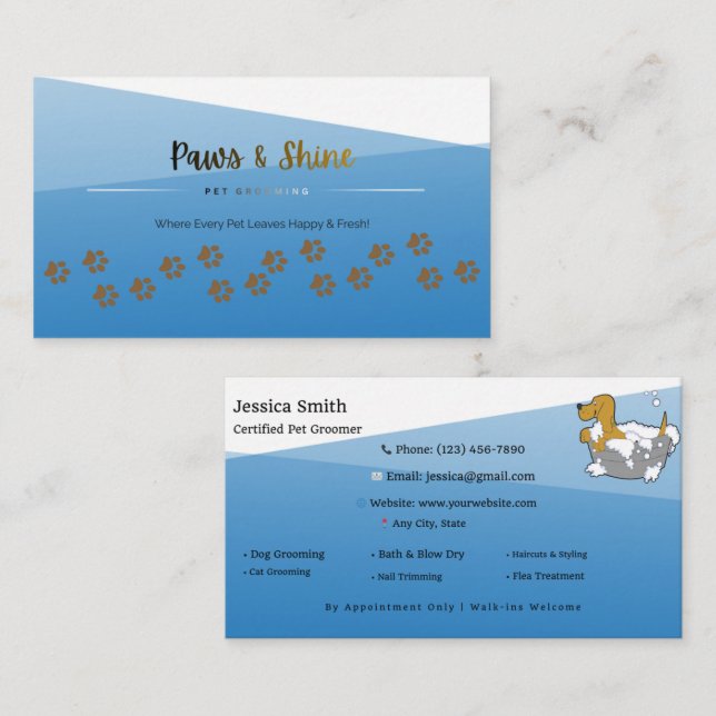 Tarjeta De Visita Modern Blue Pet Grooming Business Card – Customiza (Anverso / Reverso)