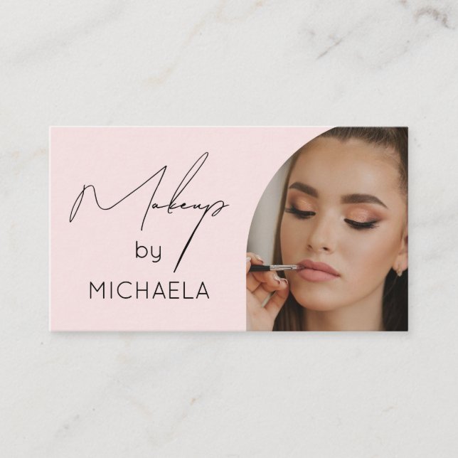 Tarjeta De Visita Modern Blush Pink Black Script Photo Makeup (Anverso)