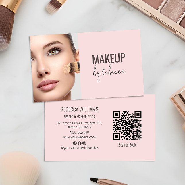 Tarjeta De Visita Modern Blush Pink Script Font QR Code Photo Makeup (Modern blush pink QR code business card with photo - ideal for makeup artists and beauty businesses)