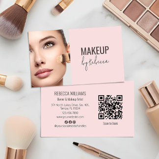 Tarjeta De Visita Modern Blush Pink Script Font QR Code Photo Makeup