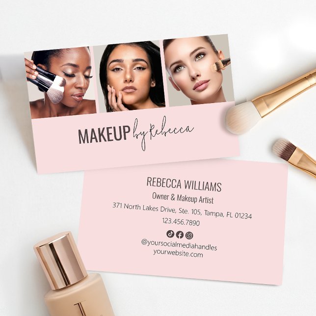 Tarjeta De Visita Modern Blush Pink Social Icons 3 Photo Makeup (Modern and minimal 3 photo blush pink design - fully customizable for your makeup business)