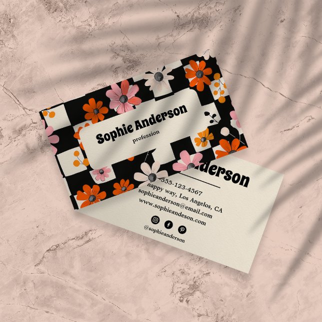 Tarjeta De Visita Modern Bold Floral Checkered Business Card (Subido por el creador)