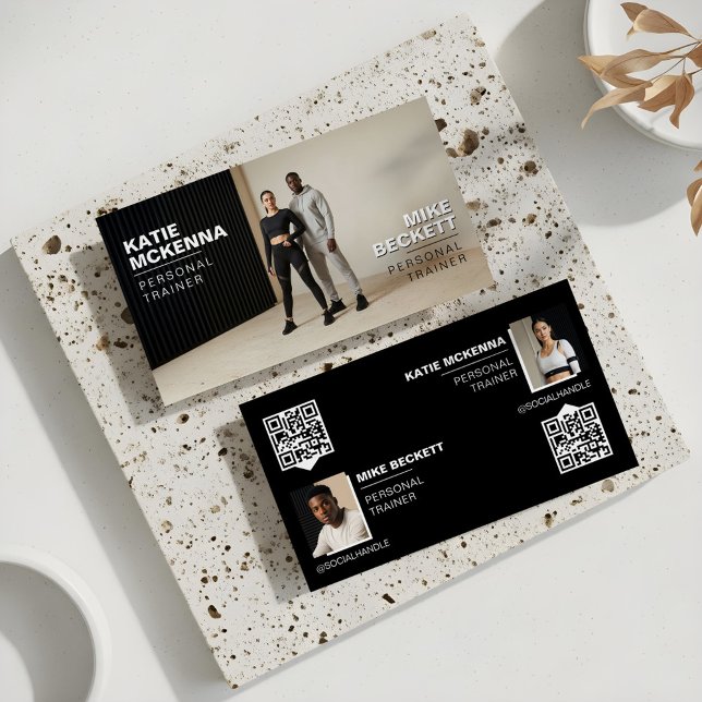 Tarjeta De Visita Modern Bold Personal Fitness Trainer Coach Photos (Modern Partners Photo Fitness Trainer QR Code Business Card)