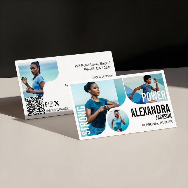 Tarjeta De Visita Modern Bold Personal Trainer Fitness Photos QR  (Trendy Wavy Photo Frame Personal Trainer Fitness Business Card)