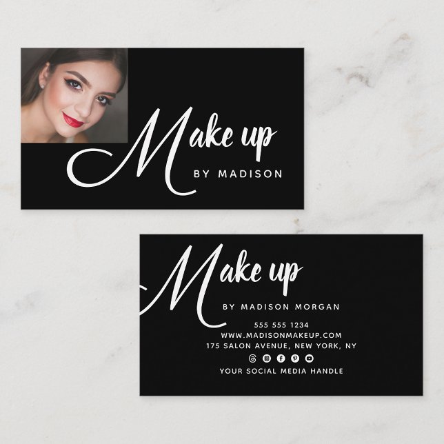 Tarjeta De Visita Modern Bold White Script Photo Makeup (Subido por el creador)
