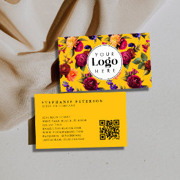 Tarjeta De Visita Modern Bold Yellow Floral Custom Logo QR Code