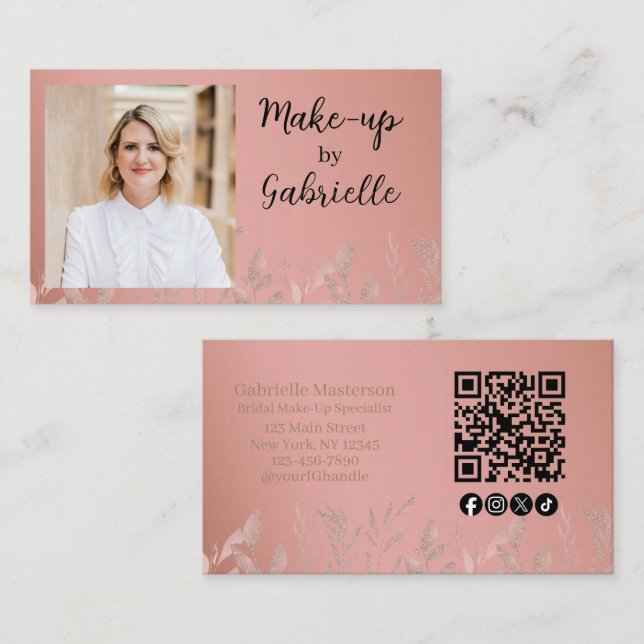 Tarjeta De Visita Modern Botanical Dusty Rose Boho Photo QR Code   (Anverso / Reverso)