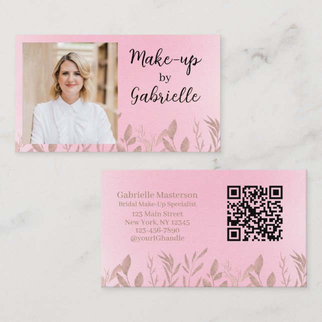 Tarjeta De Visita Modern Botanical Soft Pink Boho Photo QR Code   (Anverso / Reverso)