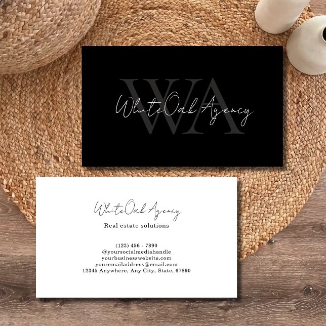 Tarjeta De Visita Modern Calligraphy Script Black and White Monogram (Subido por el creador)