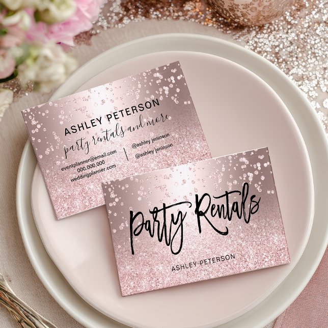 Tarjeta De Visita Modern Chic Glam Rose Gold Glitter Party Rentals (Modern Chic Glam Rose Gold Glitter Party Rentals Business Card)