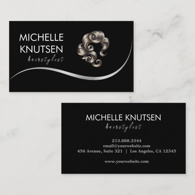 Tarjeta De Visita Modern Chic Hair Stylist Beauty Salon Black Silver (Anverso / Reverso)