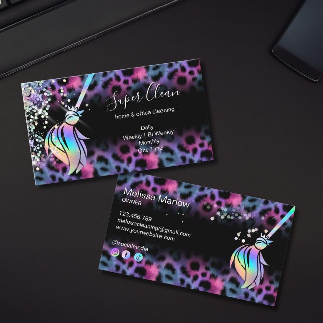 Tarjeta De Visita Modern Chic Maid Cleaning House Holograph Leopard (holographic leopard cleaning services business card)