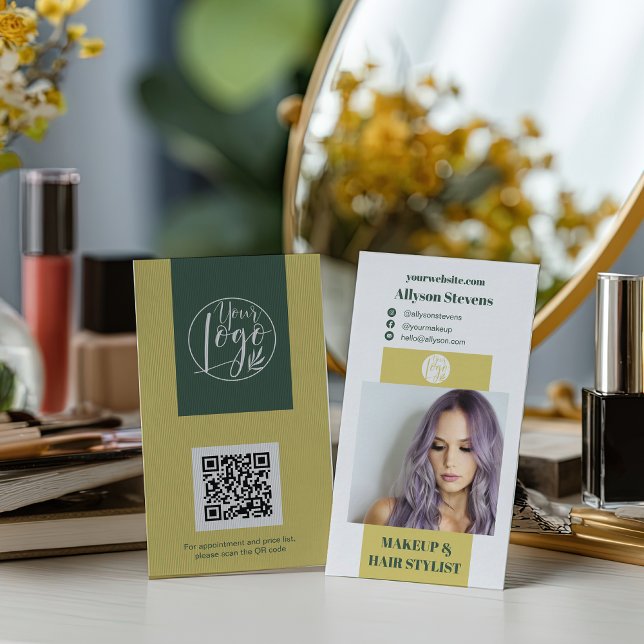 Tarjeta De Visita Modern Citrus Green Hair Stylist QR code Logo (Modern Citrus Green Hair Stylist QR code Logo Business Card)