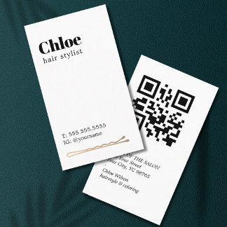 Tarjeta De Visita Modern Clean Black White Golden Hair Pin Salon QR 
