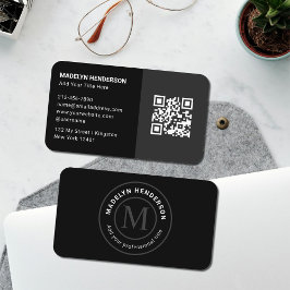Tarjeta De Visita Modern Clean Simple 2 Black Stamp Monogram QR Code