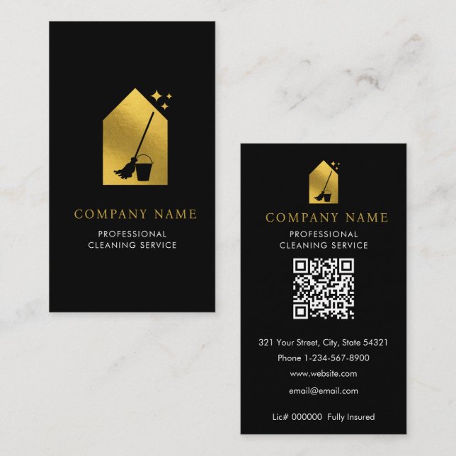 Tarjeta De Visita Modern Cleaning Cleaner Service Logo Gold QR Code (Anverso / Reverso)