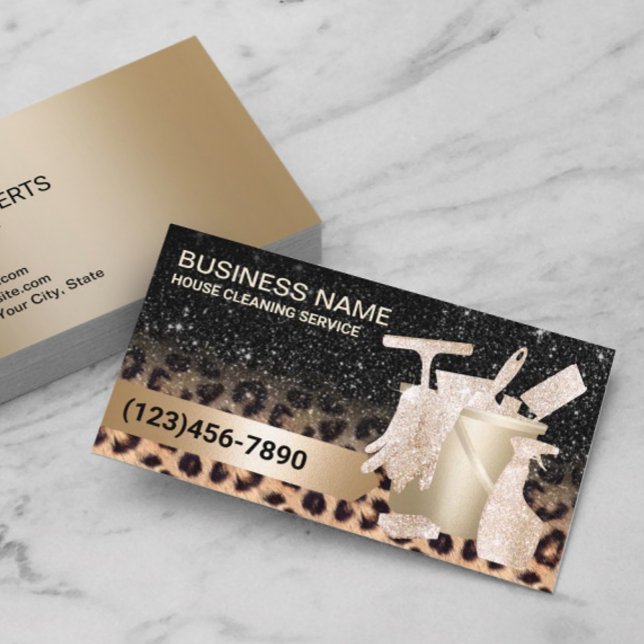 Tarjeta De Visita Modern Cleaning Service Leopard & Gold Glitter  (Subido por el creador)