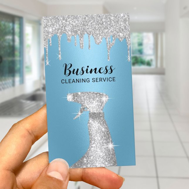 Tarjeta De Visita Modern Cleaning Service Silver Drips Maid Blue  (Subido por el creador)