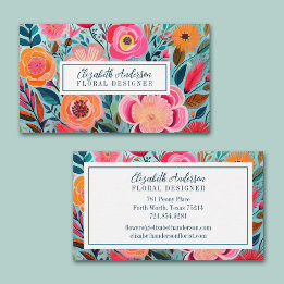 Tarjeta De Visita Modern Colorful Flowers Pink Teal