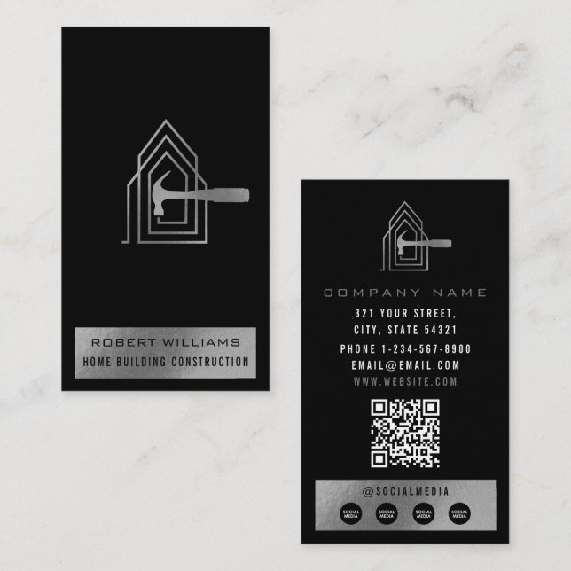 Tarjeta De Visita Modern Construction Black Silver Home Building Lux (Anverso / Reverso)