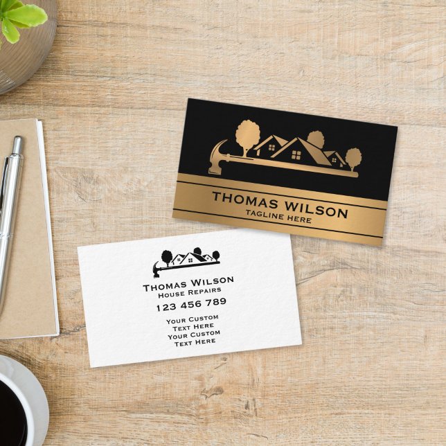 Tarjeta De Visita Modern Construction Handyman Carpenter Tools Gold (modern handyman business cards with gold houses logo)