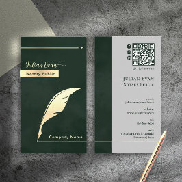 Tarjeta De Visita Modern Dark Emerald Green Gold Quill Notary Public