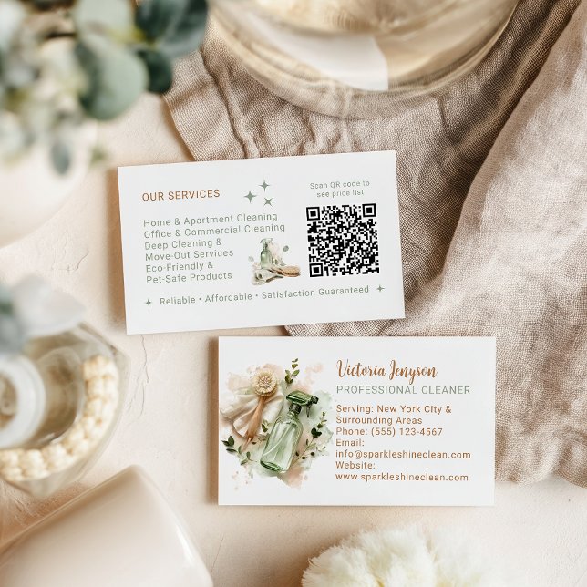 Tarjeta De Visita Modern Eco Cleaner Housekeeping QR Code Minimal (Modern Eco Cleaner Housekeeping QR Code Minimal Business Card)