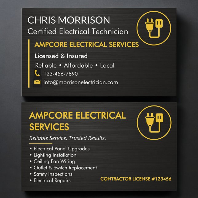 Tarjeta De Visita Modern Electrician Branding Black Yellow Metallic (Subido por el creador)
