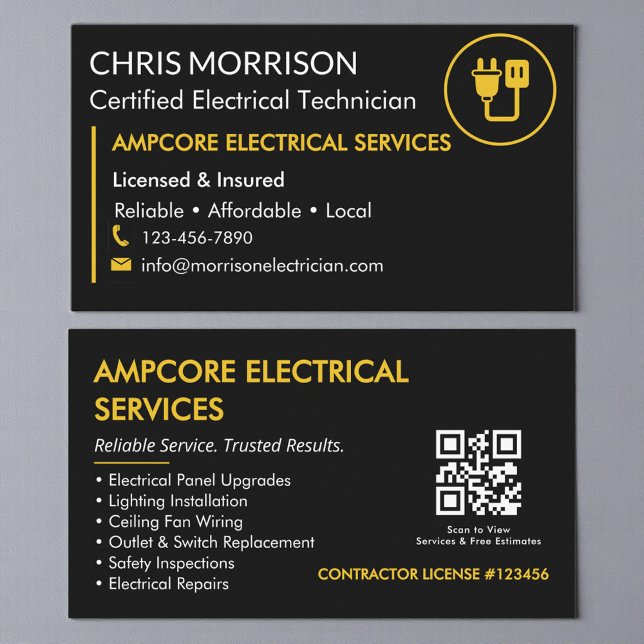 Tarjeta De Visita Modern Electrician Contractor QR Code Black Yellow (Subido por el creador)