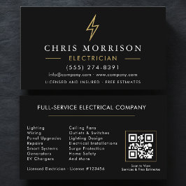 Tarjeta De Visita Modern Electrician QR Code Black Gold Minimal