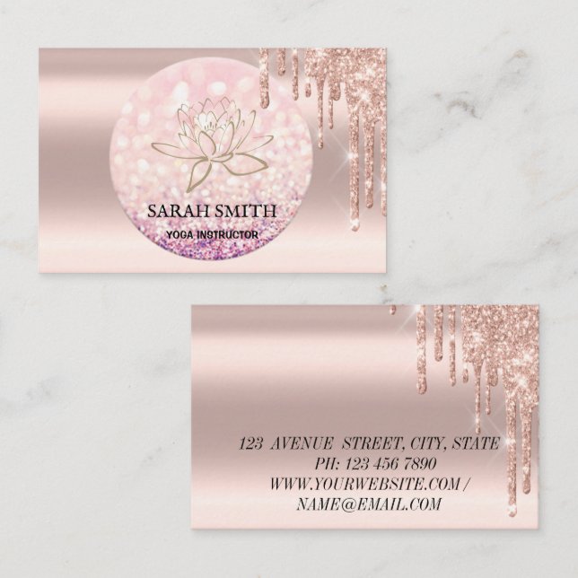 Tarjeta De Visita Modern Elegant gotas rosa dorado, loto (Anverso / Reverso)