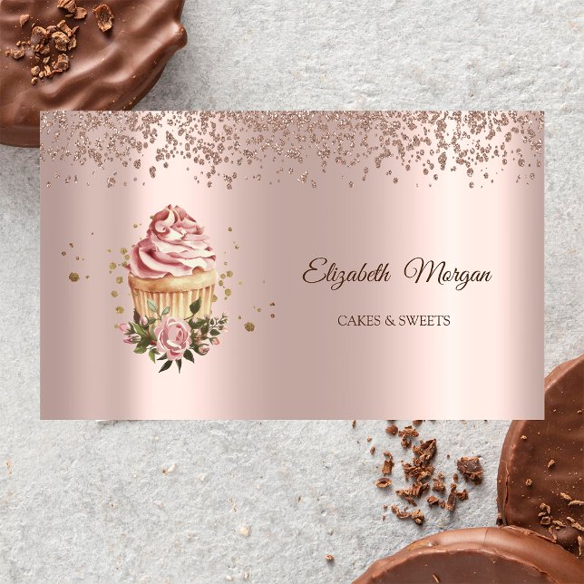 Tarjeta De Visita Modern Elegant Rose Gold Diamonds Floral Cupcake (Subido por el creador)