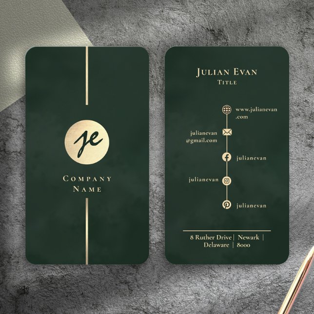 Tarjeta De Visita Modern Emerald Dark Green Luxe Monogram (Modern Emerald Dark Green Luxe Monogram Business Card)