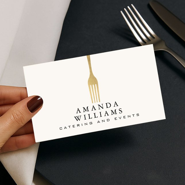 Tarjeta De Visita Modern Faux Gold Fork Catering Logo Ivory (Subido por el creador)
