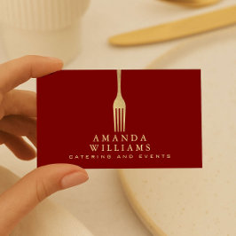 Tarjeta De Visita Modern Faux Gold Fork Catering Logo on Red