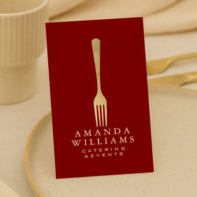 Tarjeta De Visita Modern Faux Gold Fork Catering Logo Red Vertical (Subido por el creador)