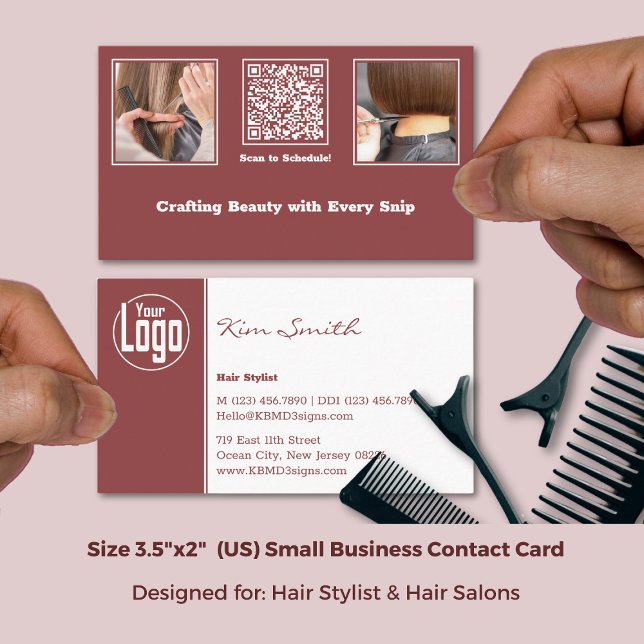 Tarjeta De Visita Modern Gallery QR Hair Stylist Burgundy & White  (Modern Gallery QR Hair Stylist Burgundy & White Business Card; Size 3.5x2 Inch (US))