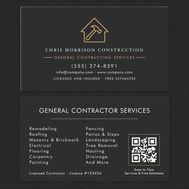 Tarjeta De Visita Modern General Contractor Black Gold QR Code (Subido por el creador)