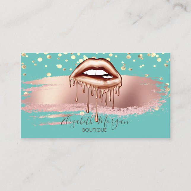 Tarjeta De Visita Modern Green Gold Confetti, Brush Stroke Lips (Anverso)