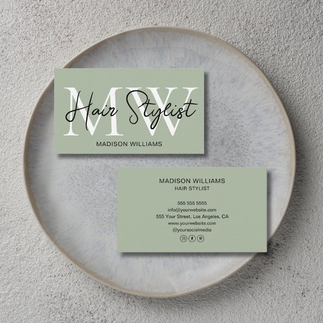 Tarjeta De Visita Modern Hair Stylist Monogram Sage Green  (Modern Hair Stylist Monogram Sage Green Business Card)