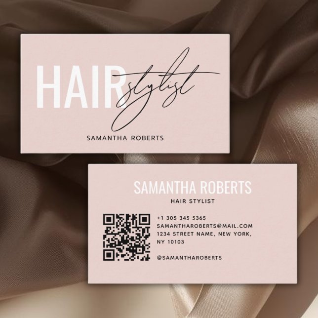 Tarjeta De Visita Modern hair stylist QR Code blush pink (Subido por el creador)