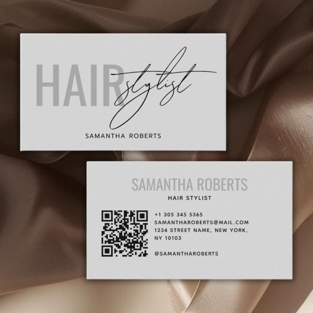 Tarjeta De Visita Modern hair stylist QR Code gray (Subido por el creador)