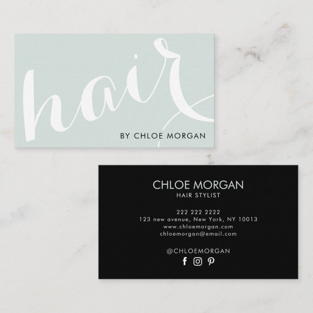 Tarjeta De Visita Modern hair stylist script black and blue (Anverso / Reverso)