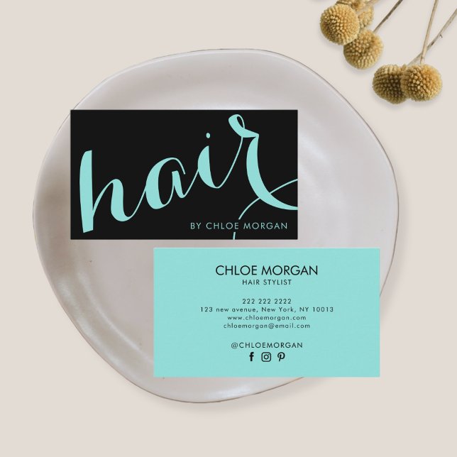 Tarjeta De Visita Modern hair stylist script black and blue (Subido por el creador)