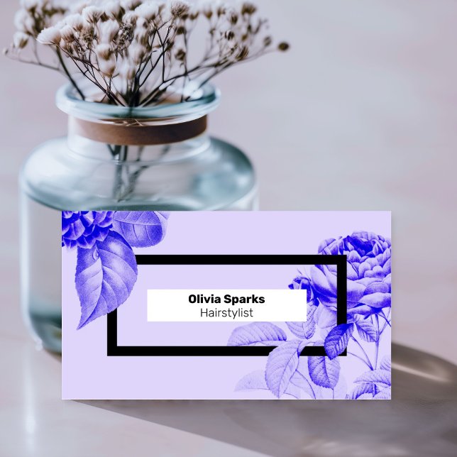 Tarjeta De Visita Modern Hairdresser Elegant Floral Hair Stylist (An elegant modern hair stylist business card in lavender purple and vivid blue, with vintage florals)