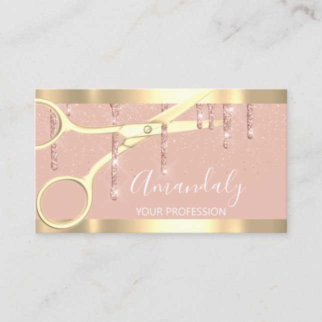 Tarjeta De Visita Modern Hairdresser Scissors Drips Gold Rosa Rubor (Anverso)