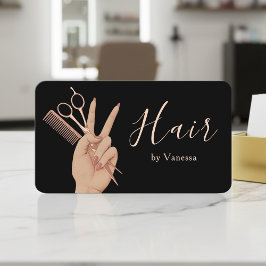 Tarjeta De Visita Modern Hairstylist Hairdresser Black Rose Gold